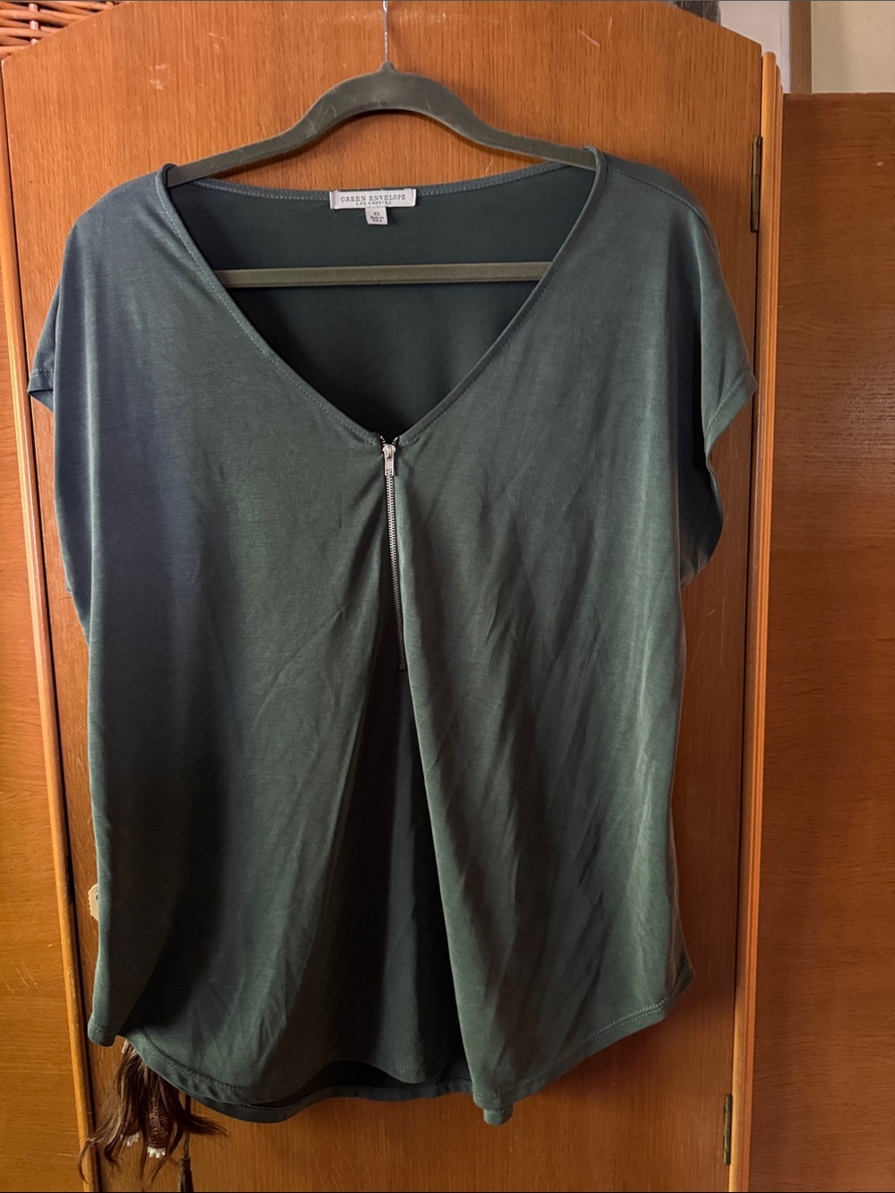 V-Neck Short Sleeve Top with Front Zip